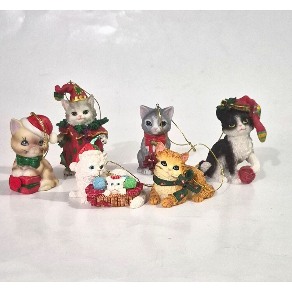 Vintage Cat Christmas Ornaments Set Of 6 Mixed Materials